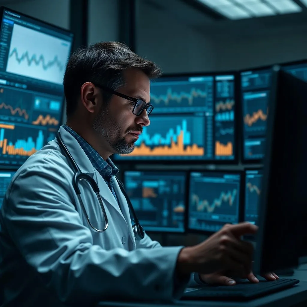 Médico analisando dados e métricas em telas para diagnóstico