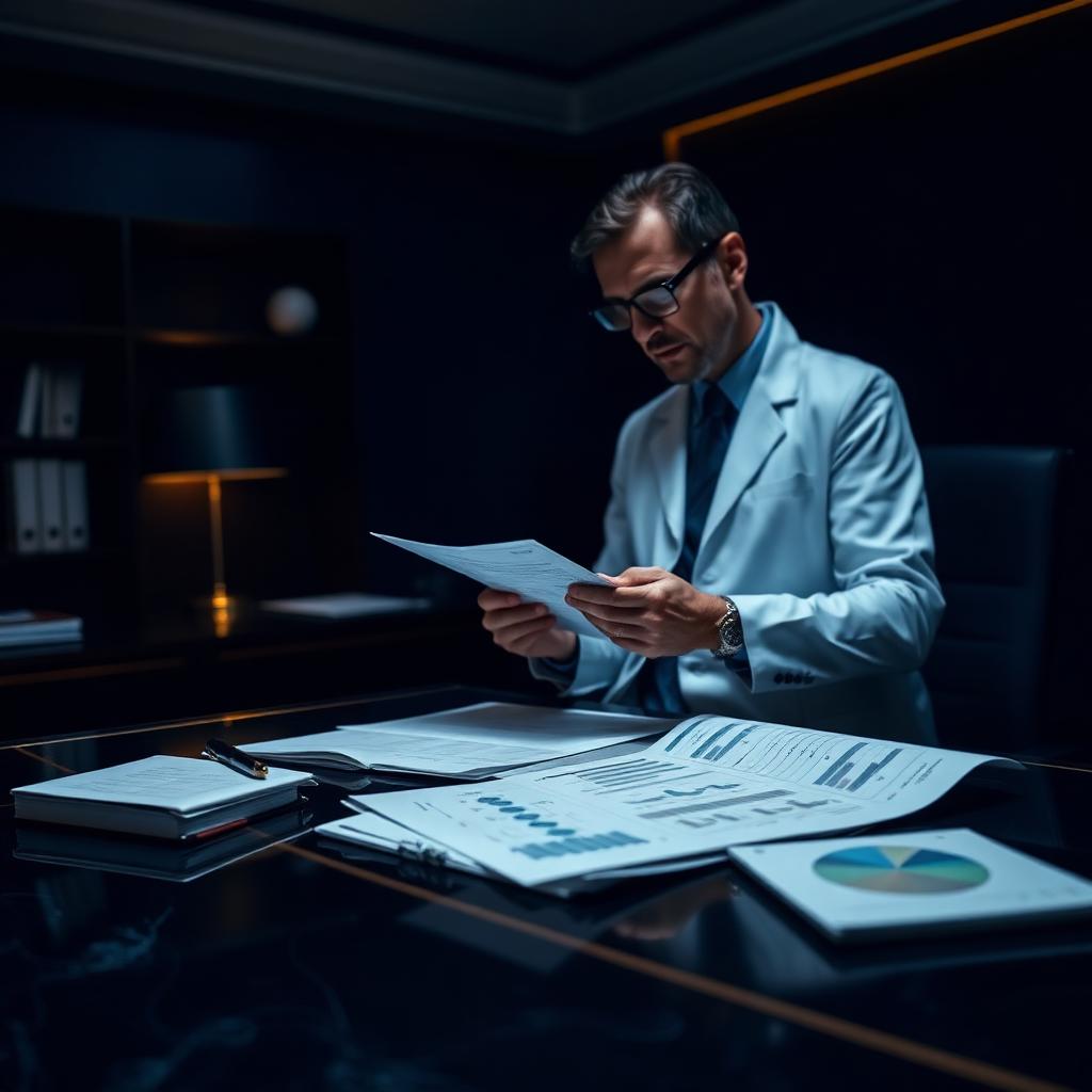 Médico analisando documentos e gráficos para mapeamento estratégico