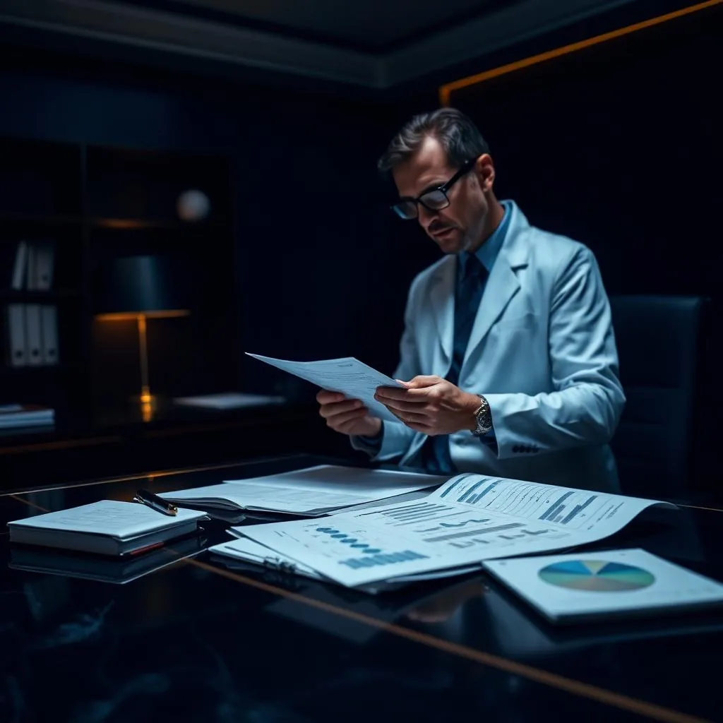 Médico analisando documentos e gráficos para mapeamento estratégico